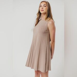 Stephanie Ribbed Knit Mini Dress with Pleats in Taupe